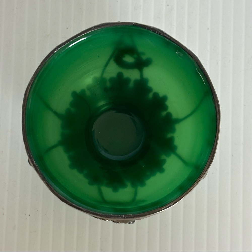 Chinese Green jade colored glass Bowls Metal Mount with Dragon & Phoenix vintage - Picture 5 of 9